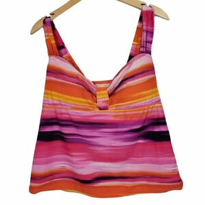 Slimshaper Tankini Swim Top Multicolor Striped Knot Front‎ V-Neck Pink Orange